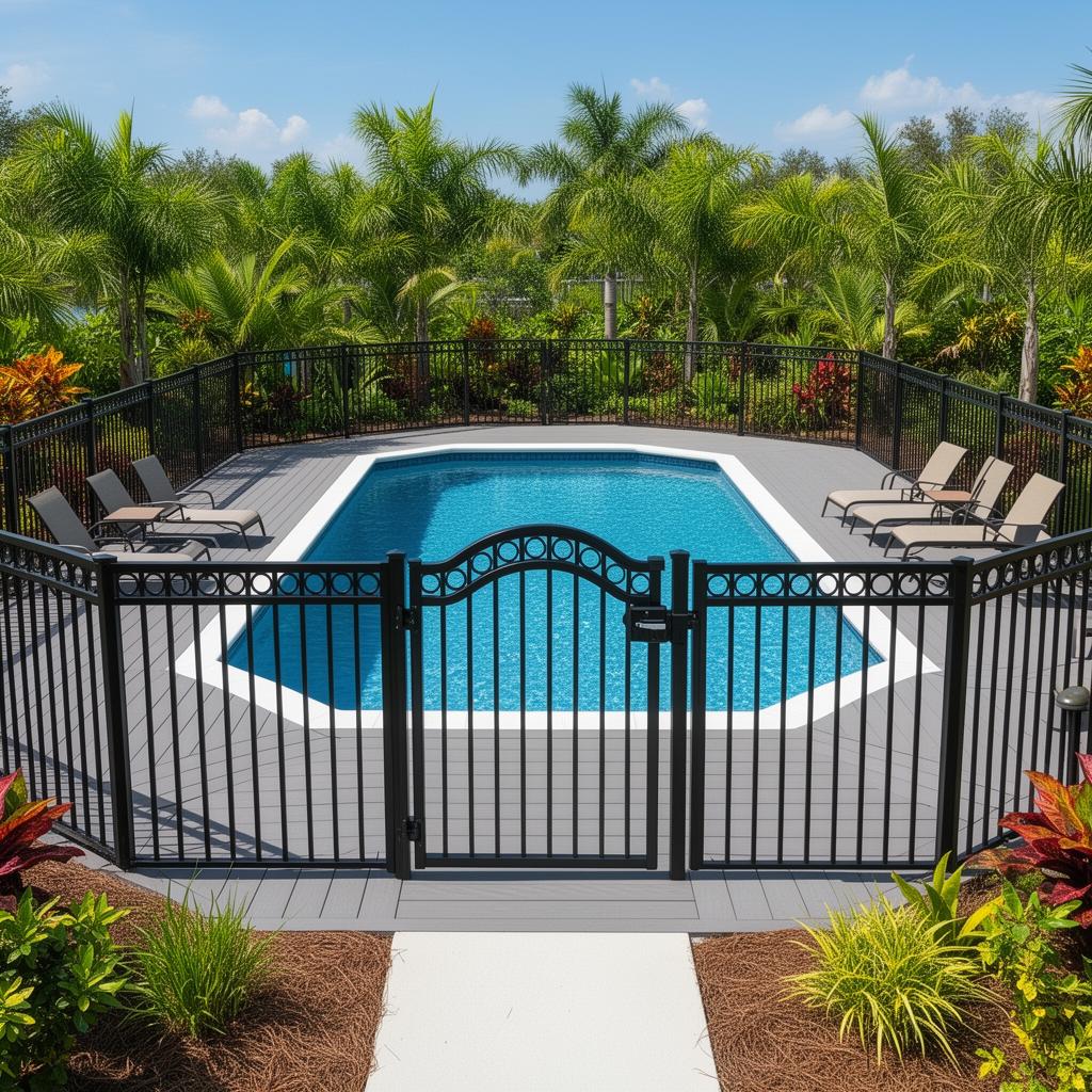 Composite pool deck around an in-ground pool enclosed by a black aluminum safety fence with self-closing gate