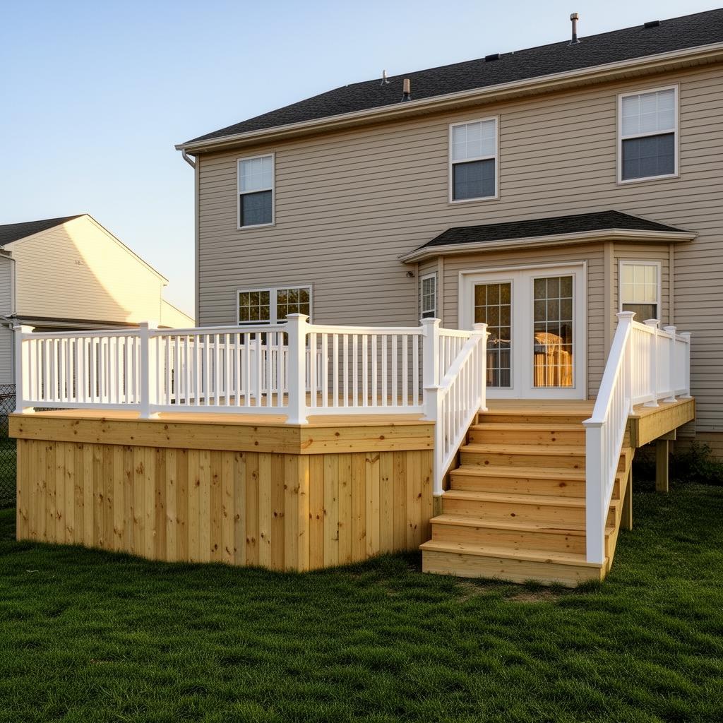 Newly built pressure-treated pine deck with white railing and stairs descending to a backyard lawn