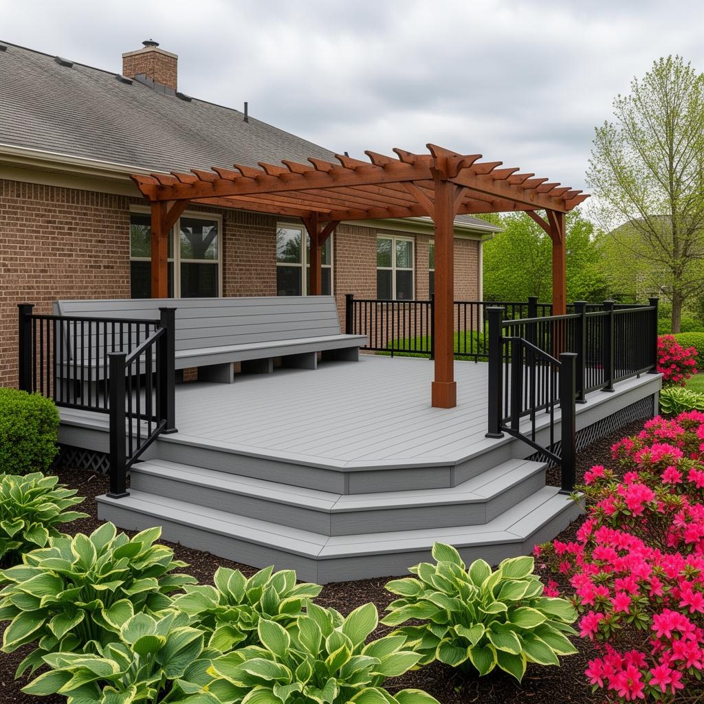 Multi-level TimberTech composite deck with built-in bench seating and a cedar pergola