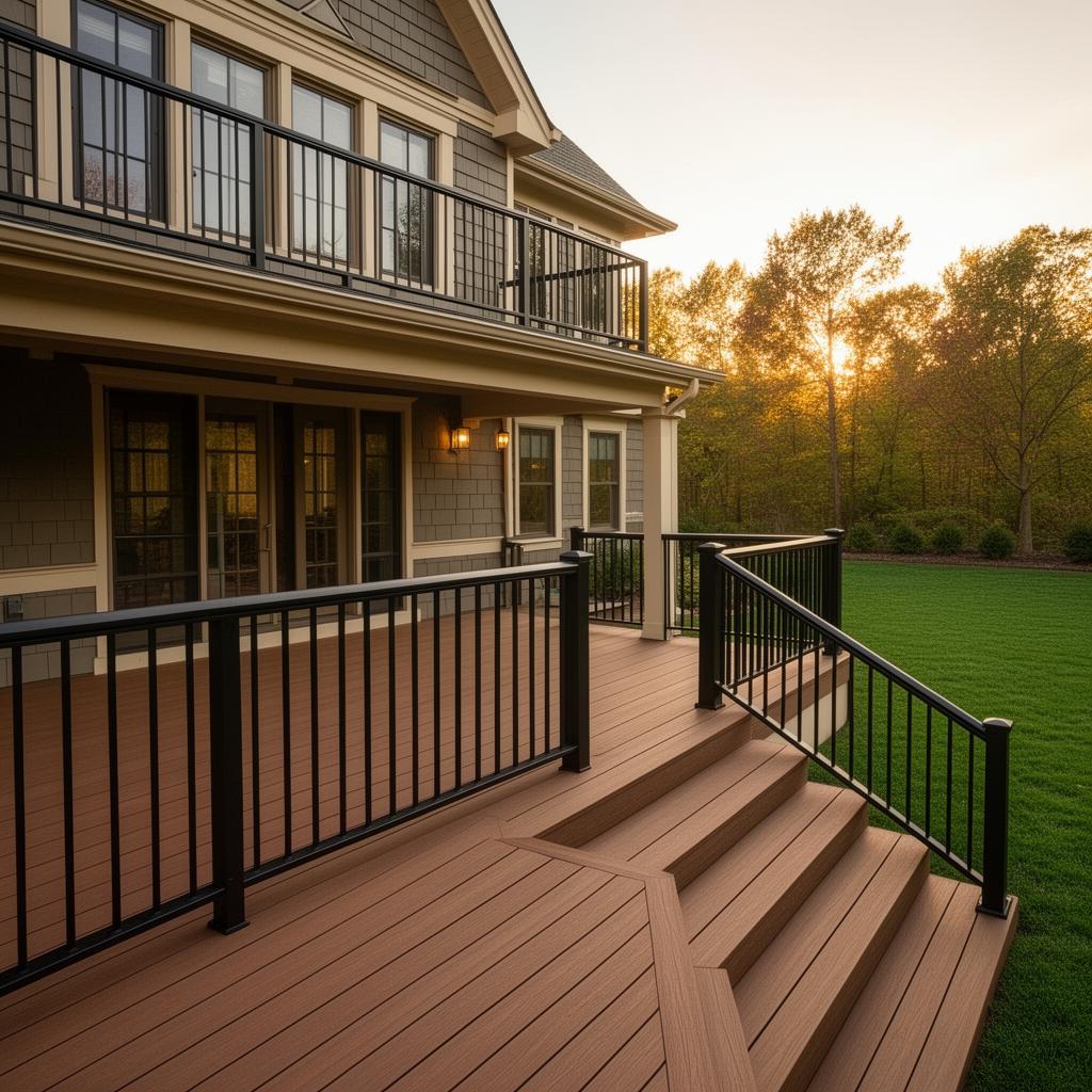 Trex Transcend composite deck with black aluminum railing attached to a craftsman-style home
