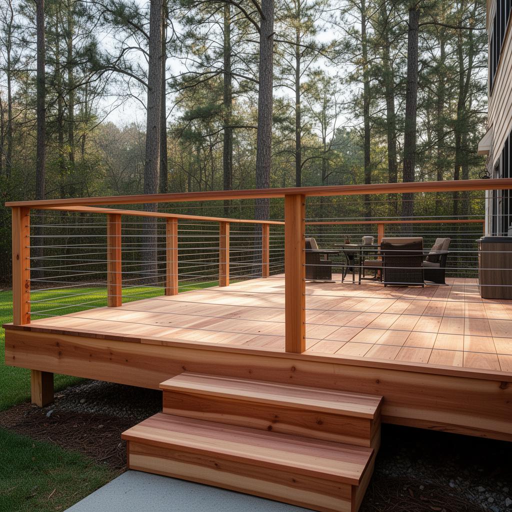 Western red cedar deck with horizontal stainless cable railing overlooking a wooded north Georgia backyard