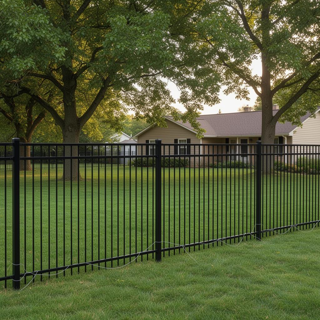 Black vinyl-coated chain link fence around a residential backyard with mature trees