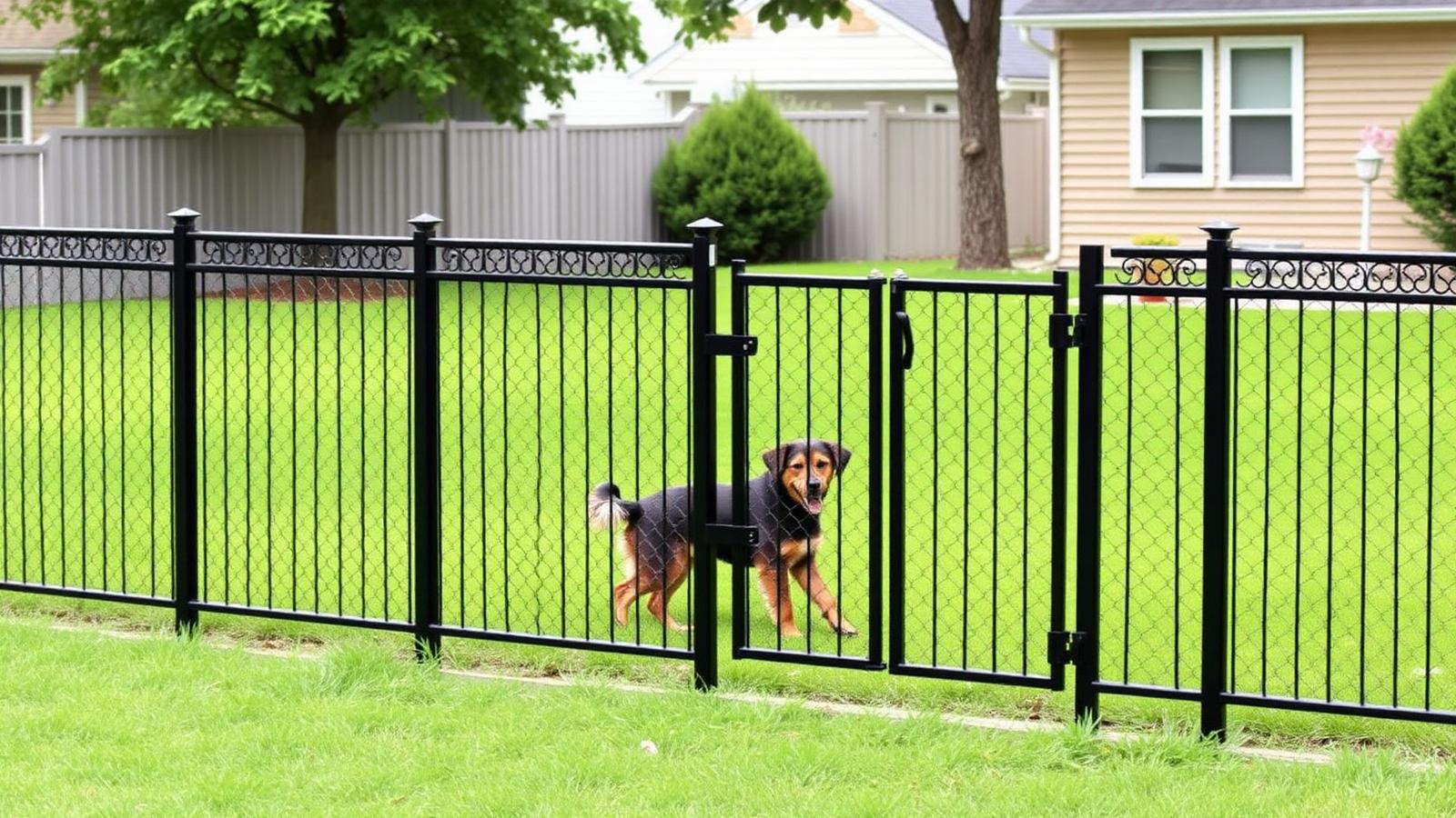 Black vinyl-coated chain link fence with single walk gate around a fenced backyard for a dog