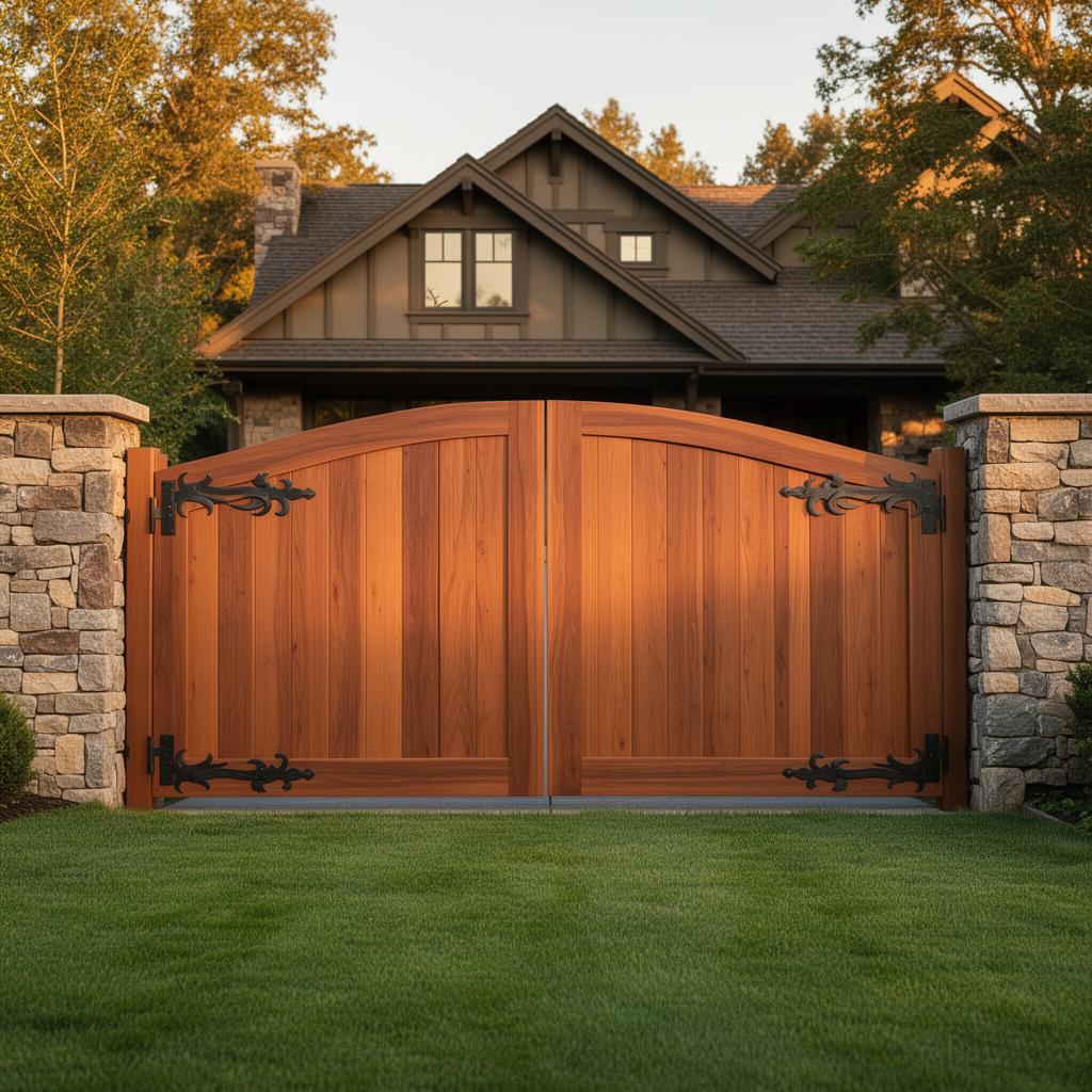 Custom cedar double-drive driveway gate with arched top and decorative iron hinges between stone columns