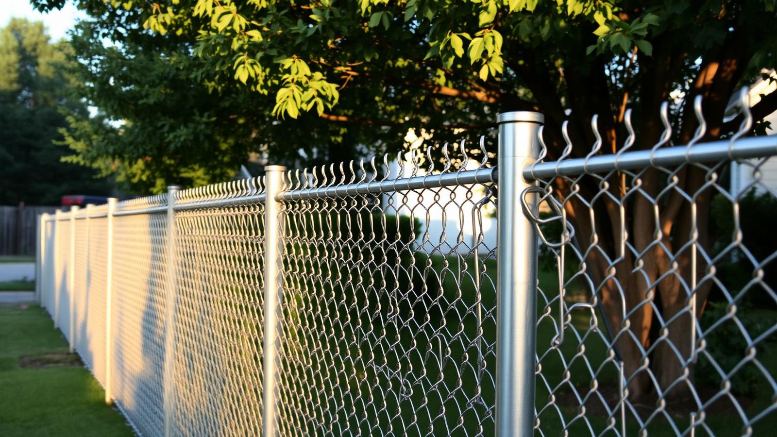 Galvanized steel chain link fence with top rail and tension bars along a residential side yard
