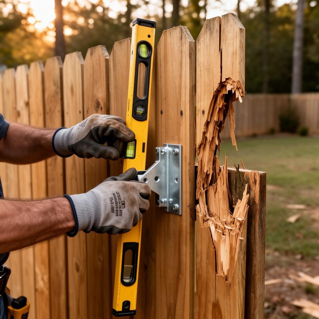 Fence contractor using a level and galvanized bracket to repair a leaning wood privacy fence post after storm damage